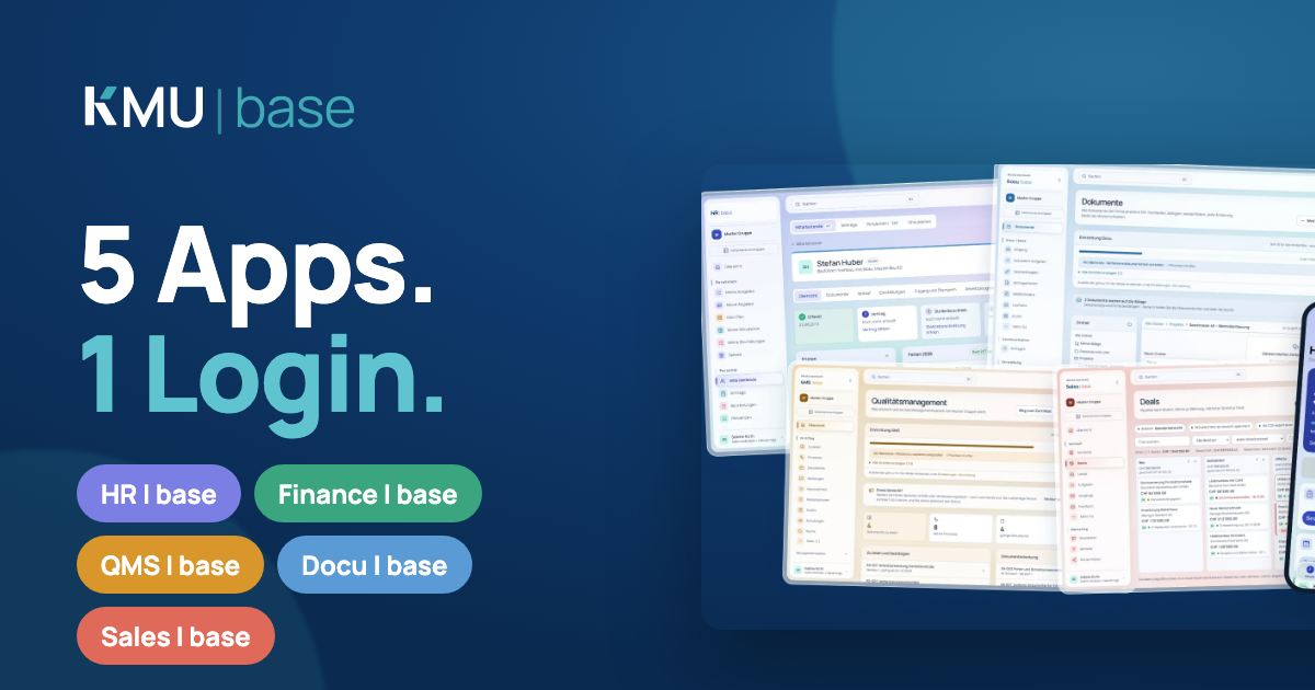 KMU | base: logos of the five apps and a product view of the model company, with fictitious data