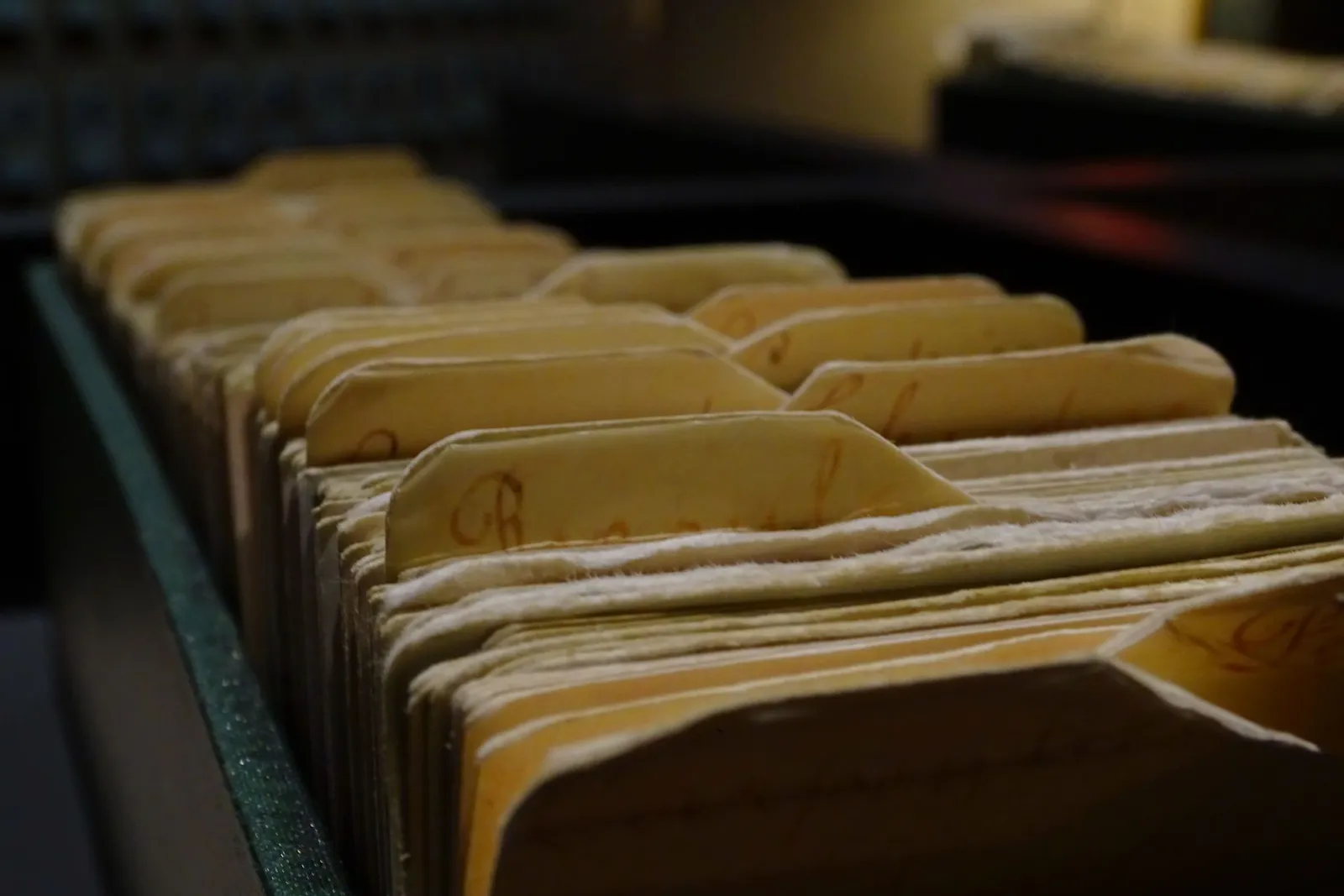 Rows of index cards with tabs in a drawer